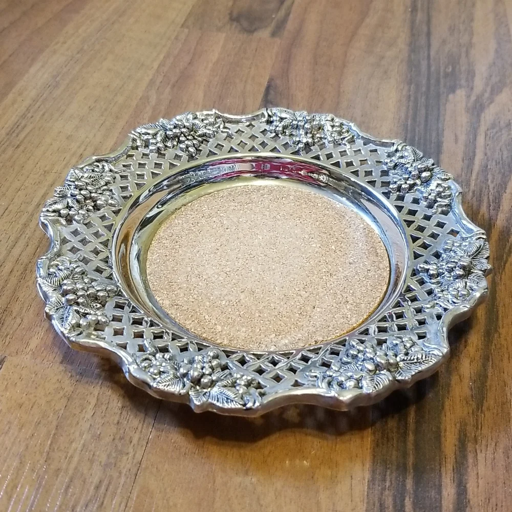 Wine Coaster Caddy Godinger Silver Art Co. Grapevine Silverplate Cork